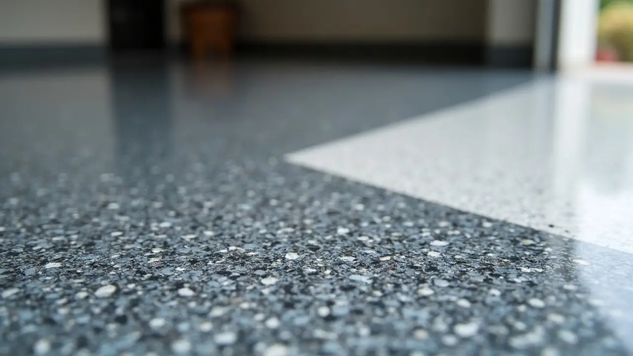 Close-up of a glossy epoxy floor with slate, charcoal and white flake