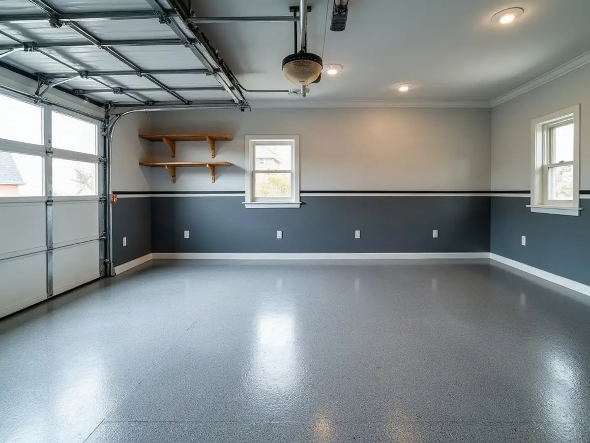 A garage with a grey flaked epoxy floor